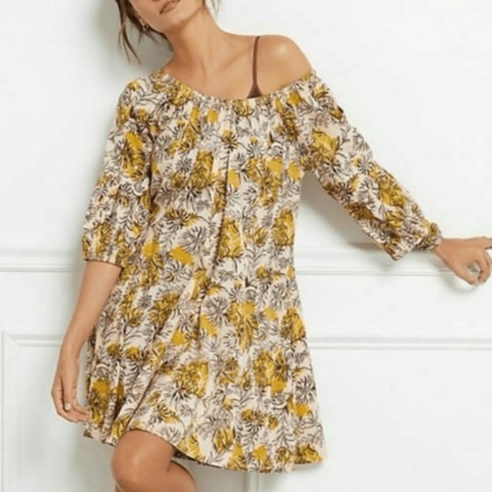 Daily Practice Anthropologie Yellow Floral Off Shoulder Mini Dress 3/4 Sleeve